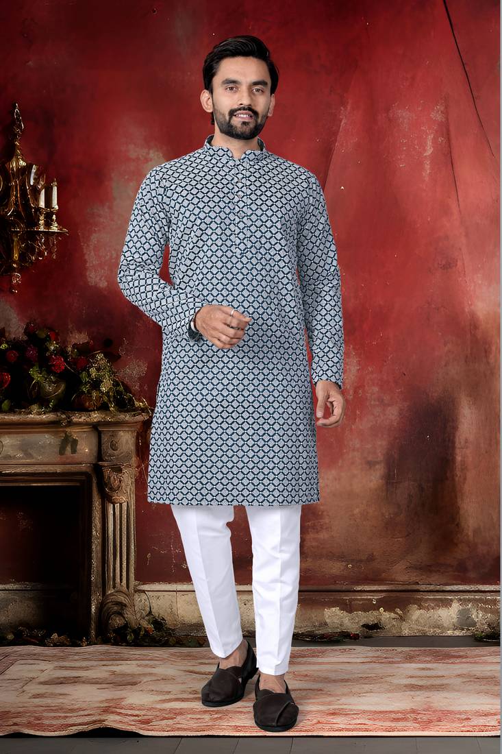 Blue cotton thread embroidery work men kurta pyjama