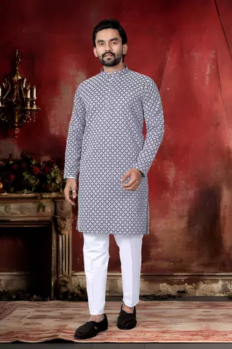 Grey cotton thread embroidery work men kurta pyjama