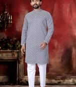 Grey cotton thread embroidery work men kurta pyjama