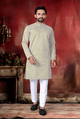 Olive cotton thread embroidery work men kurta pyjama 3