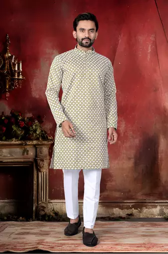 Olive cotton thread embroidery work men kurta pyjama