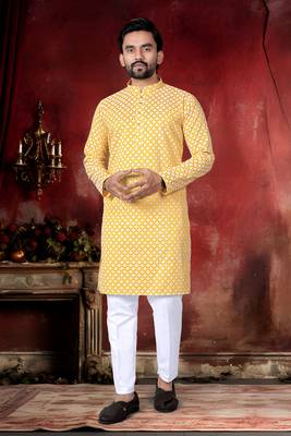Yellow cotton thread embroidery work men kurta pyjama 3