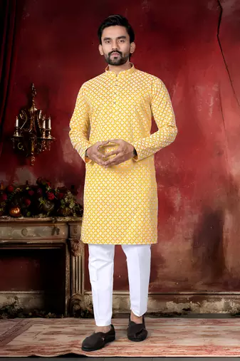 Yellow cotton thread embroidery work men kurta pyjama