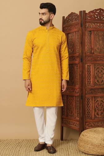 Yellow cotton blend sequins thread work work men kurta pyjama