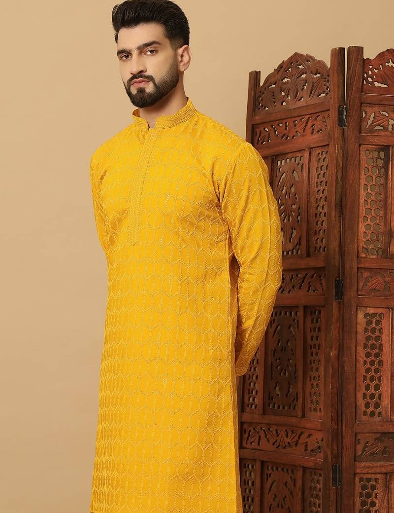Yellow cotton blend sequins thread work work men kurta pyjama