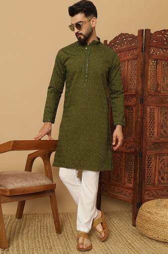 Olive cotton blend sequins thread work work men kurta pyjama