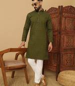 Olive cotton blend sequins thread work work men kurta pyjama