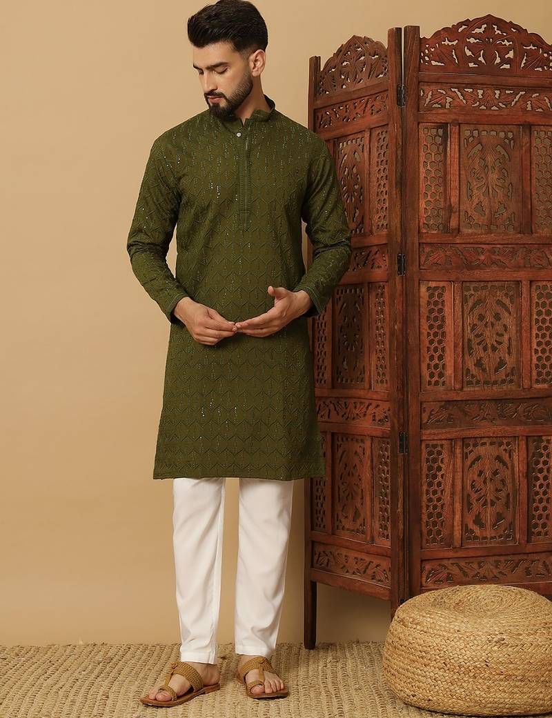 Olive cotton blend sequins thread work work men kurta pyjama