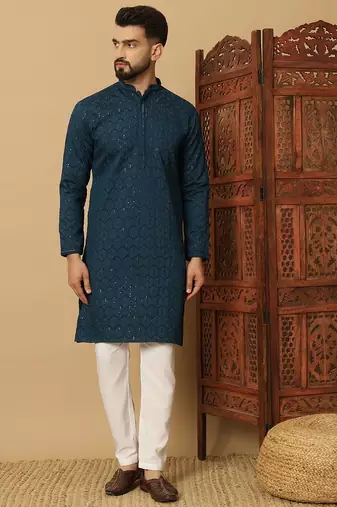 Blue cotton blend sequins thread work work men kurta pyjama