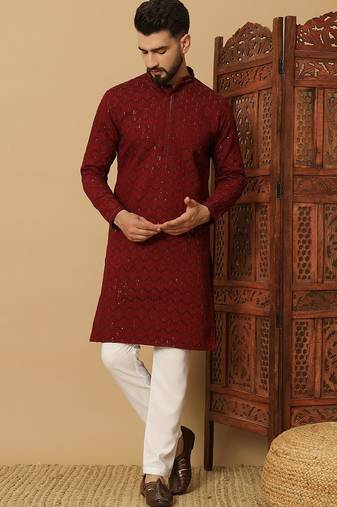 Maroon cotton blend sequins thread work work men kurta pyjama
