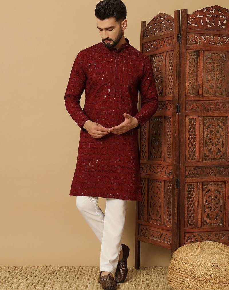 Maroon cotton blend sequins thread work work men kurta pyjama