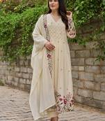  ivory cream floral embroidered anarkali kurta pant set with chanderi dupatta