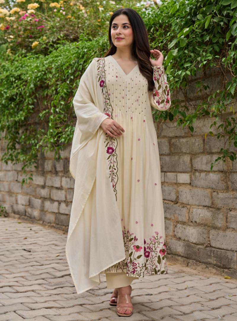  ivory cream floral embroidered anarkali kurta pant set with chanderi dupatta