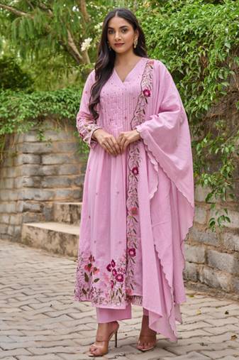  baby pink floral embroidered anarkali kurta pant set with chanderi dupatta