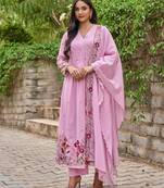  baby pink floral embroidered anarkali kurta pant set with chanderi dupatta