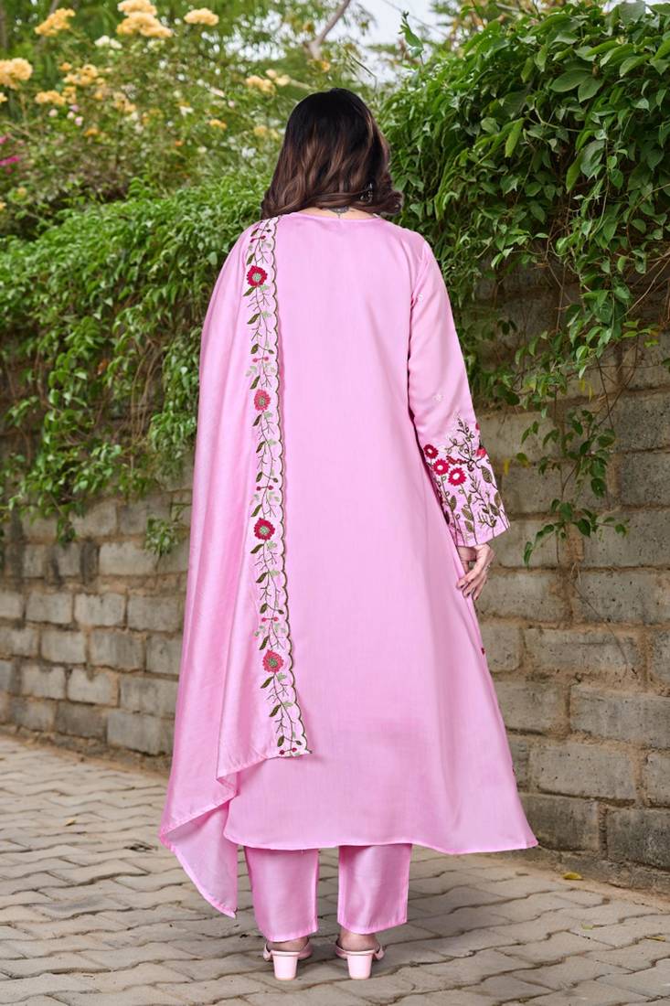  baby pink floral embroidered anarkali kurta pant set with chanderi dupatta