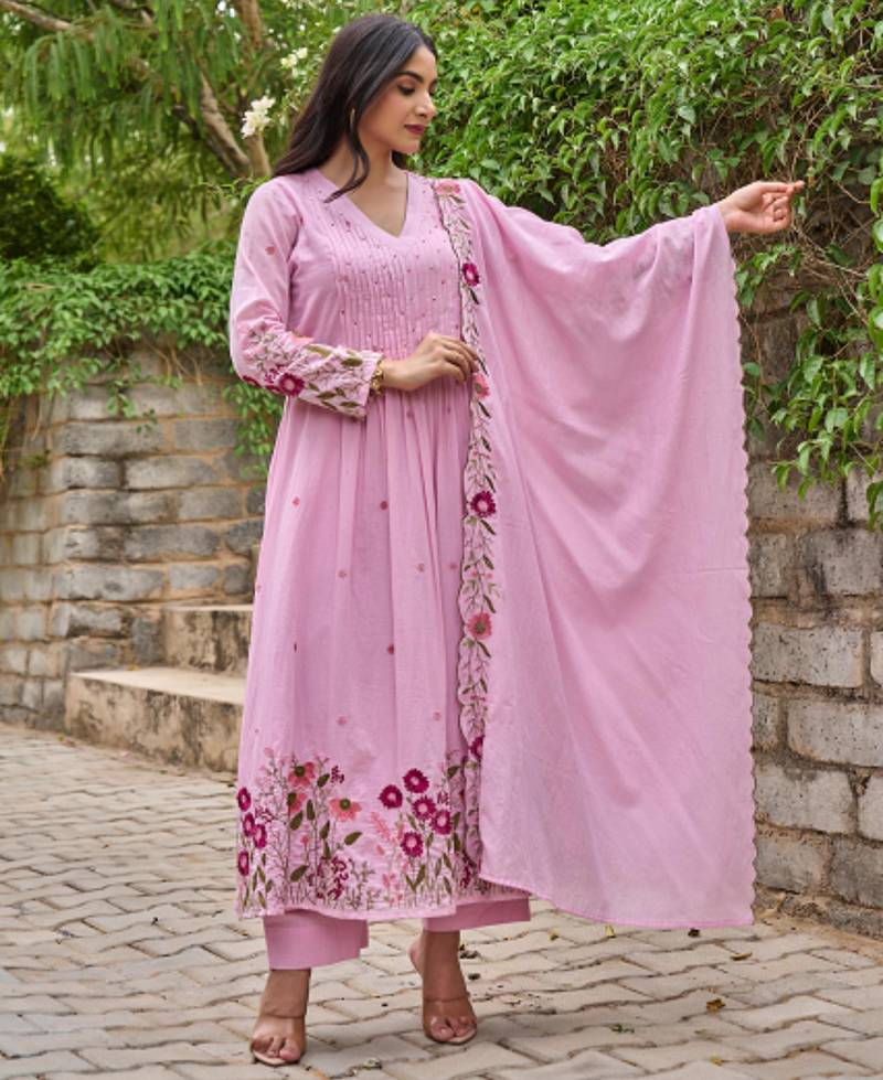  baby pink floral embroidered anarkali kurta pant set with chanderi dupatta