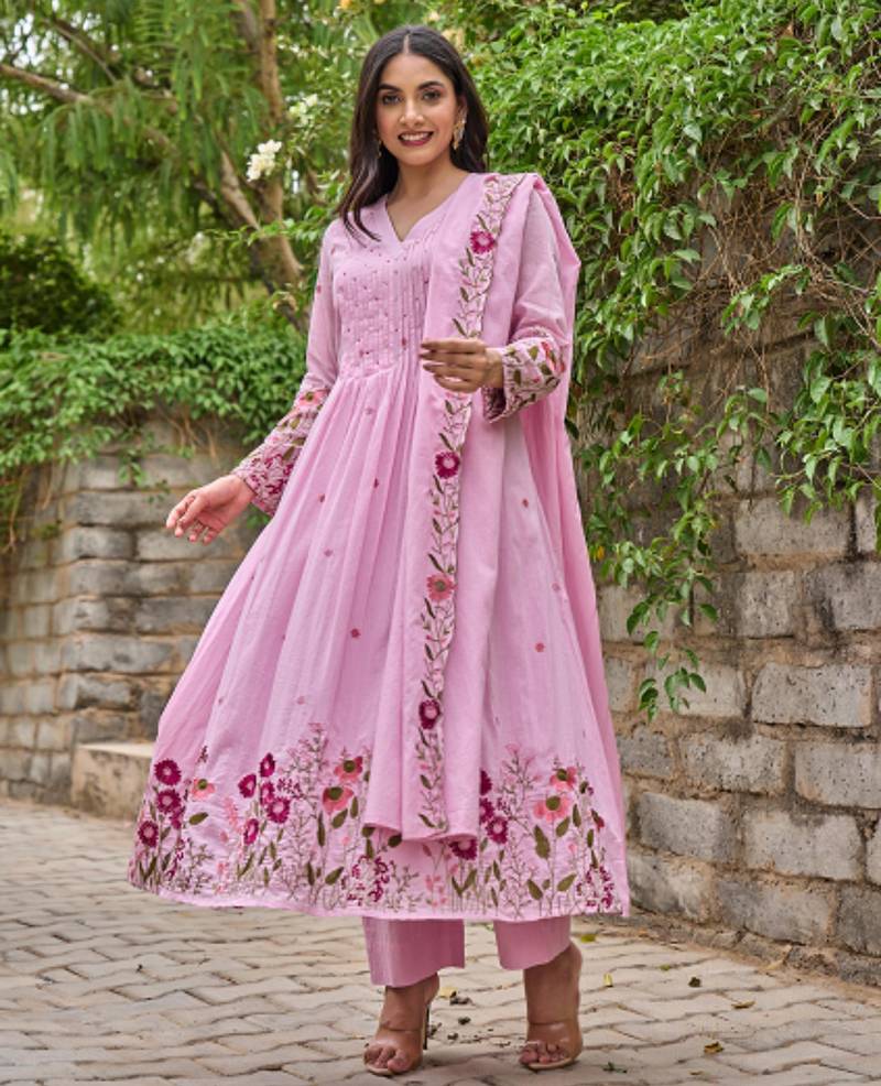 baby pink floral embroidered anarkali kurta pant set with chanderi dupatta