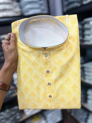 Yellow heavy cotton sequence work and print work men kurta pyjama 2
