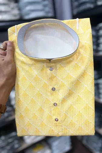 Yellow heavy cotton sequence work and print work men kurta pyjama