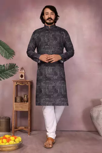 Black heavy cotton sequence work and print work men kurta pyjama