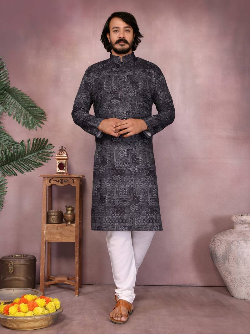Black heavy cotton sequence work and print work men kurta pyjama