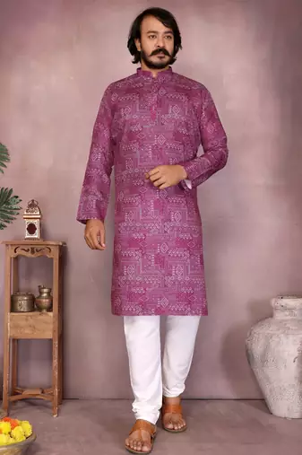 Pink heavy cotton sequence work and print work men kurta pyjama