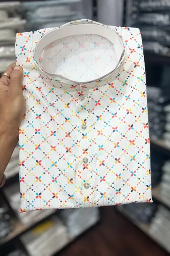 White heavy cotton sequence work and print work men kurta pyjama