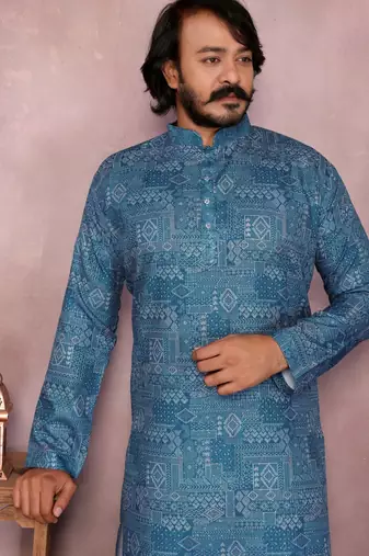 Blue heavy cotton sequence work and print work men kurta pyjama