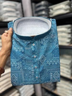 Blue heavy cotton sequence work and print work men kurta pyjama 3