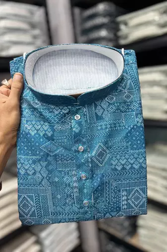 Blue heavy cotton sequence work and print work men kurta pyjama