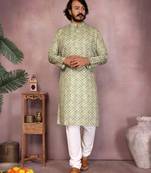 Olive heavy cotton sequence work and print work men kurta pyjama