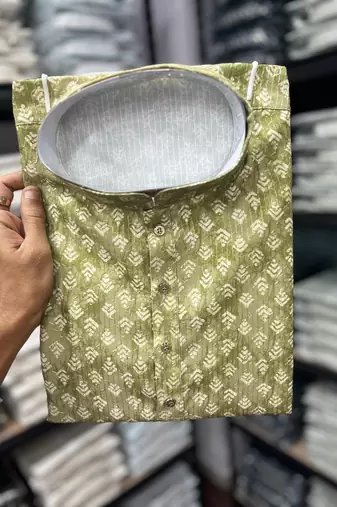 Olive heavy cotton sequence work and print work men kurta pyjama