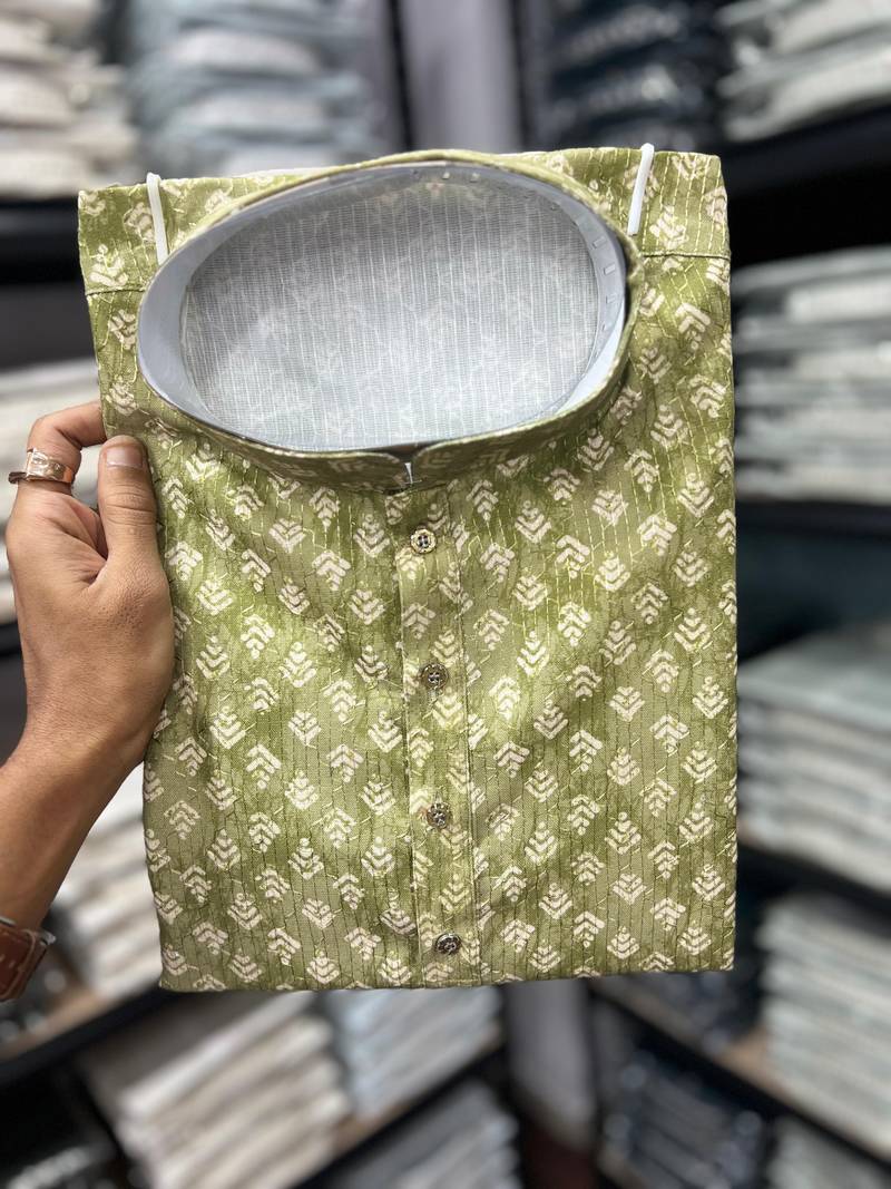 Olive heavy cotton sequence work and print work men kurta pyjama