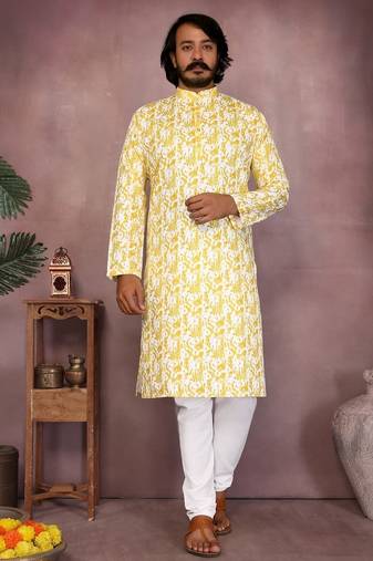 Yellow heavy cotton sequence work and print work men kurta pyjama