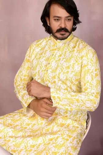 Yellow heavy cotton sequence work and print work men kurta pyjama