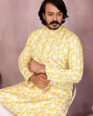 Yellow heavy cotton sequence work and print work men kurta pyjama 3