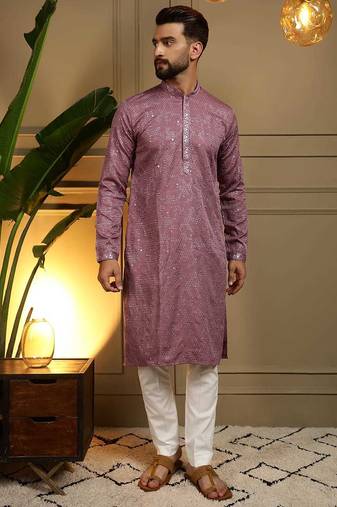 Purple heavy khadi cotton embroidery mirror work work men kurta pyjama