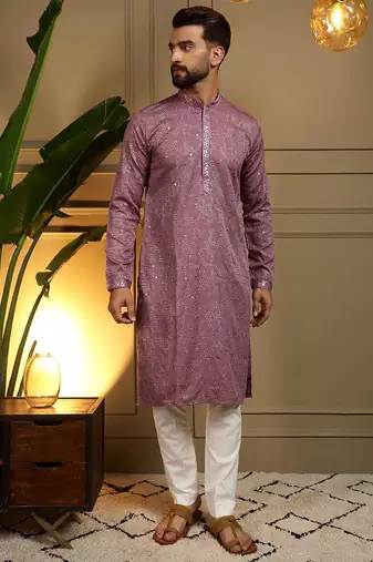 Purple heavy khadi cotton embroidery mirror work work men kurta pyjama