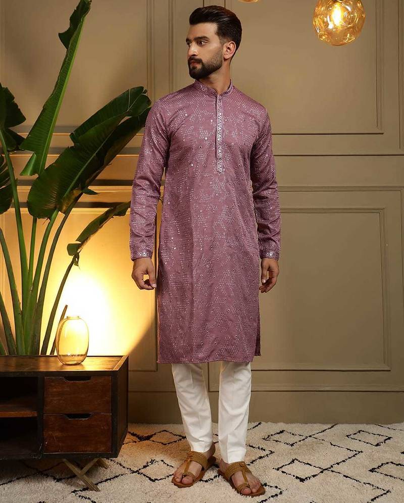 Purple heavy khadi cotton embroidery mirror work work men kurta pyjama