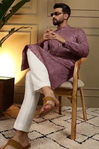 Purple heavy khadi cotton embroidery mirror work work men kurta pyjama