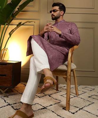 Purple heavy khadi cotton embroidery mirror work work men kurta pyjama 4