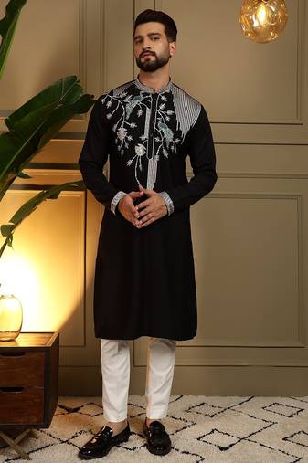 Black viscose silk embroidery sequence work work men kurta pyjama
