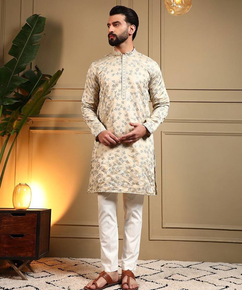 Cream royal silk embroidery sequence work work men kurta pyjama