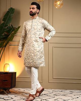 Cream royal silk embroidery sequence work work men kurta pyjama 2