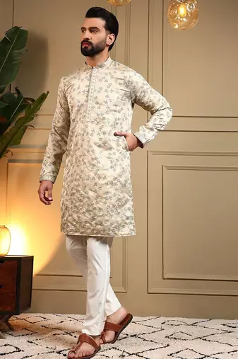 Cream royal silk embroidery sequence work work men kurta pyjama