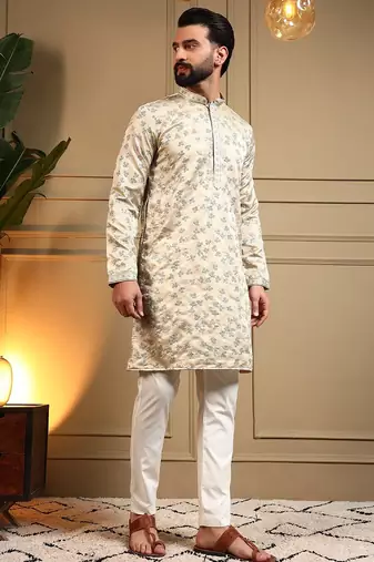 Cream royal silk embroidery sequence work work men kurta pyjama