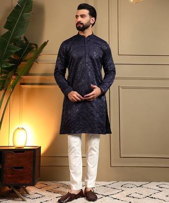 Navy blue royal silk embroidery sequence work work men kurta pyjama 1