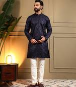 Navy blue royal silk embroidery sequence work work men kurta pyjama