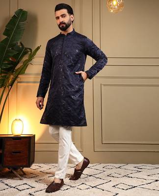 Navy blue royal silk embroidery sequence work work men kurta pyjama 2